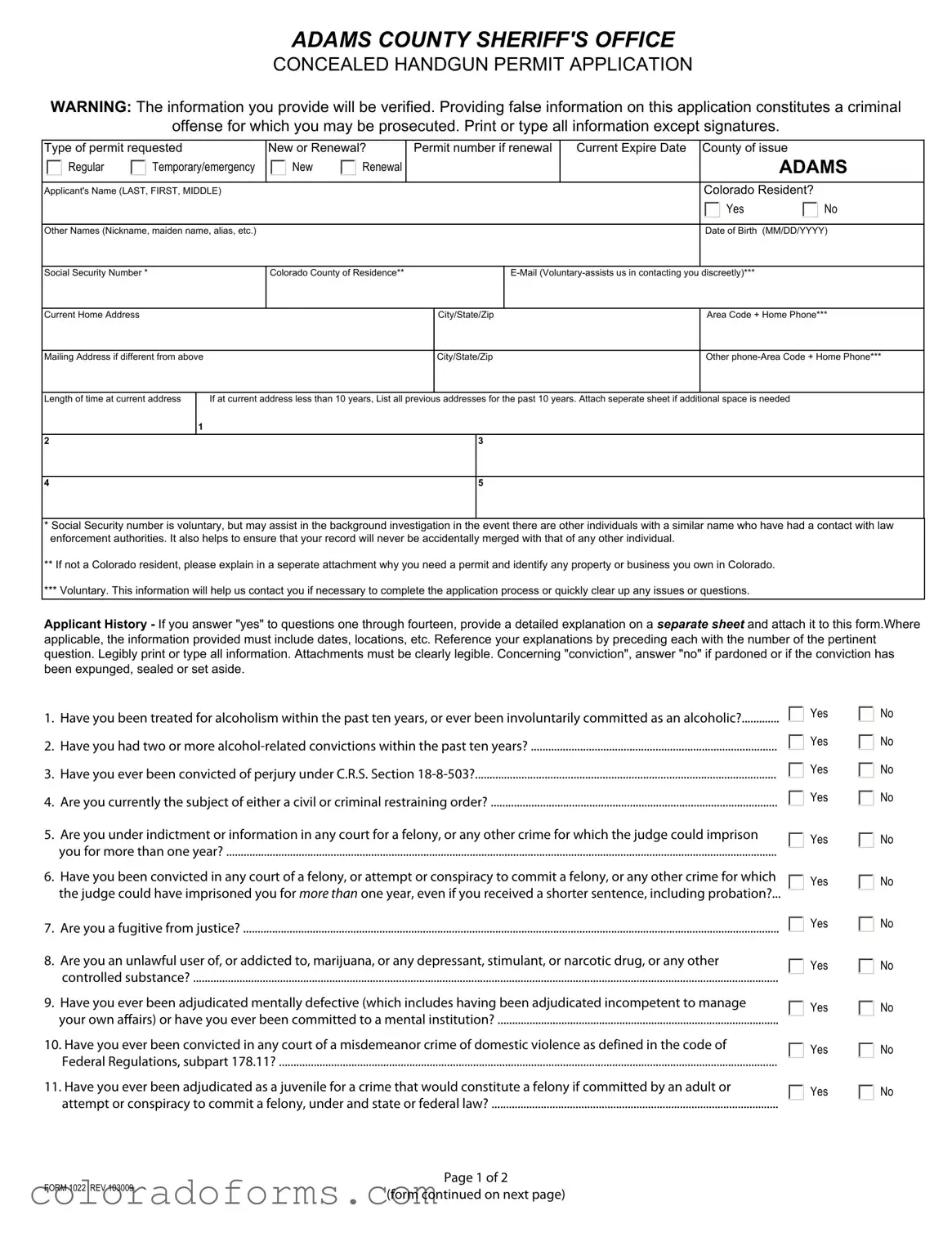 Fill a Valid Adams County Colorado Concealed Permit Form