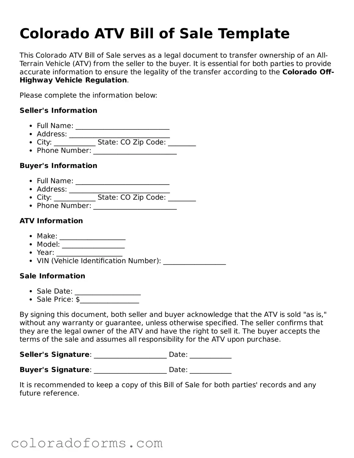 Printable Colorado ATV Bill of Sale Form