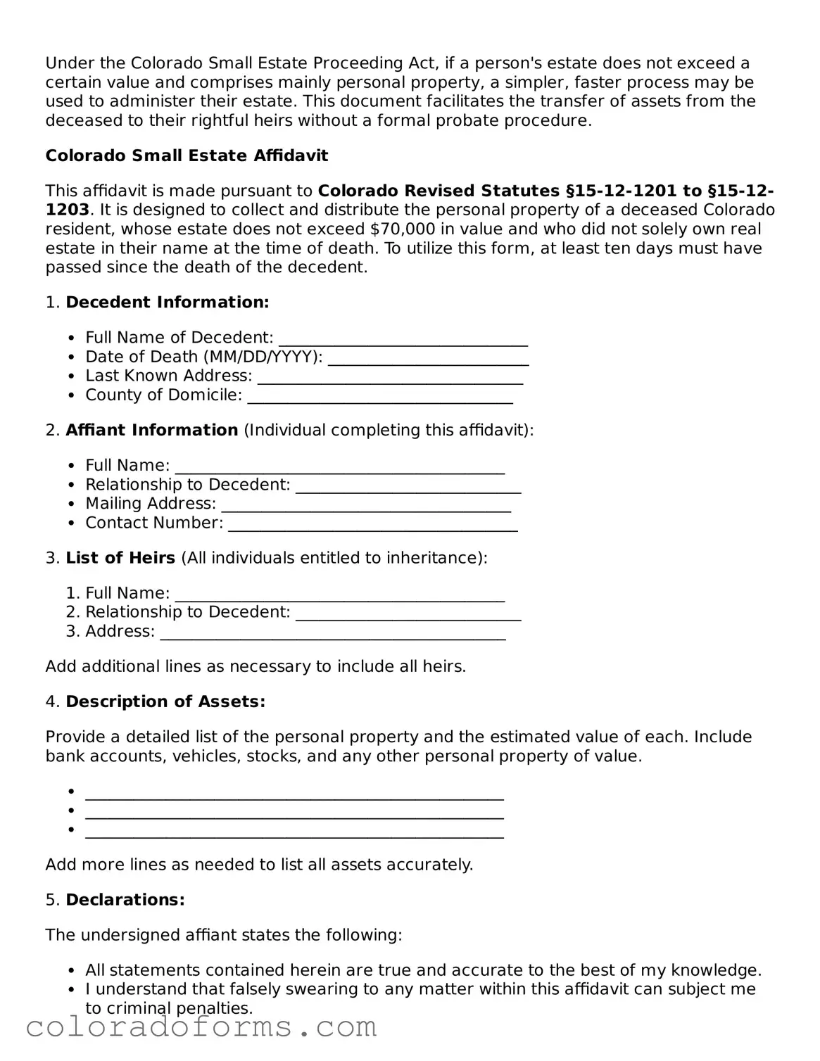 Printable Colorado Small Estate Affidavit Form