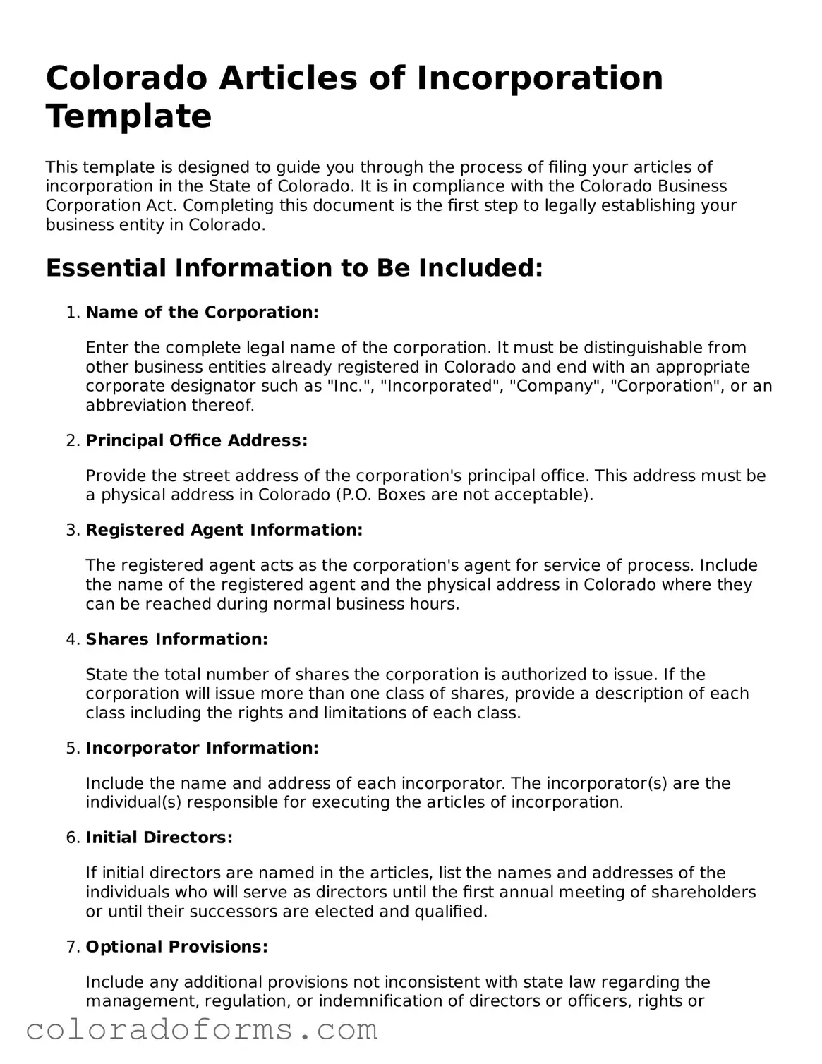 Printable Colorado Articles of Incorporation Form