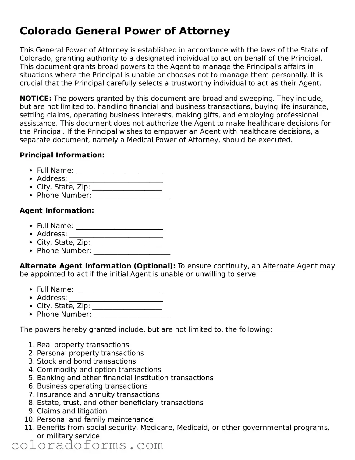 Printable Colorado General Power of Attorney Form