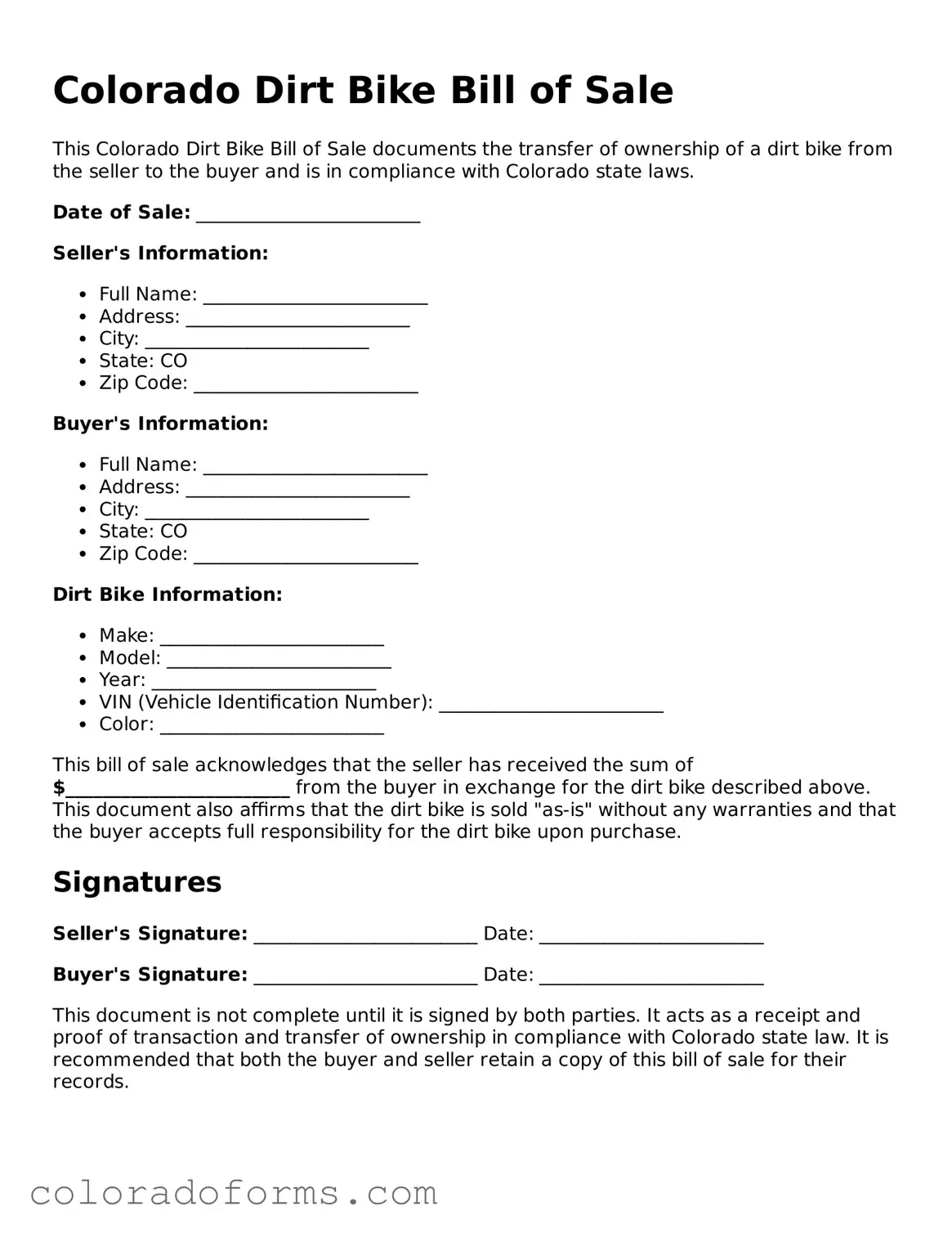 Printable Colorado Dirt Bike Bill of Sale Form