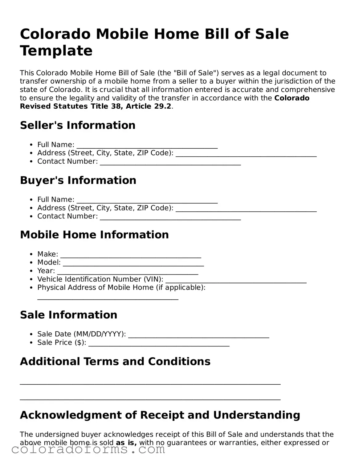 Printable Colorado Mobile Home Bill of Sale Form