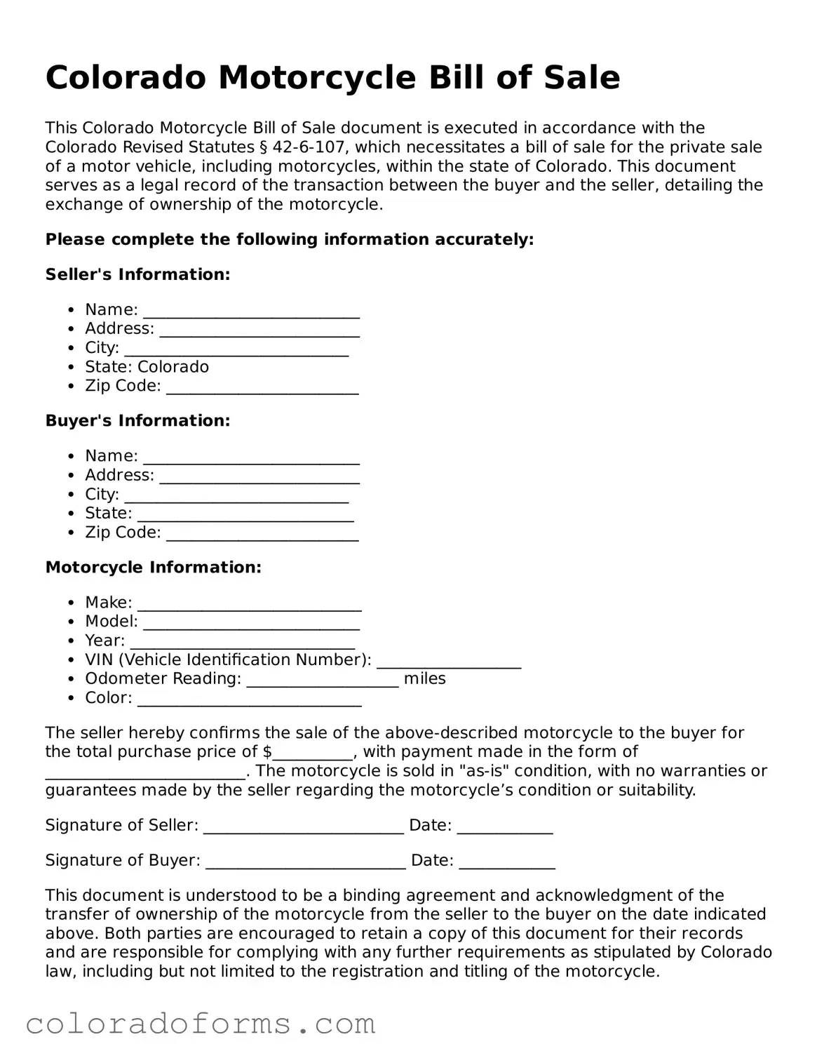 Printable Colorado Motorcycle Bill of Sale Form