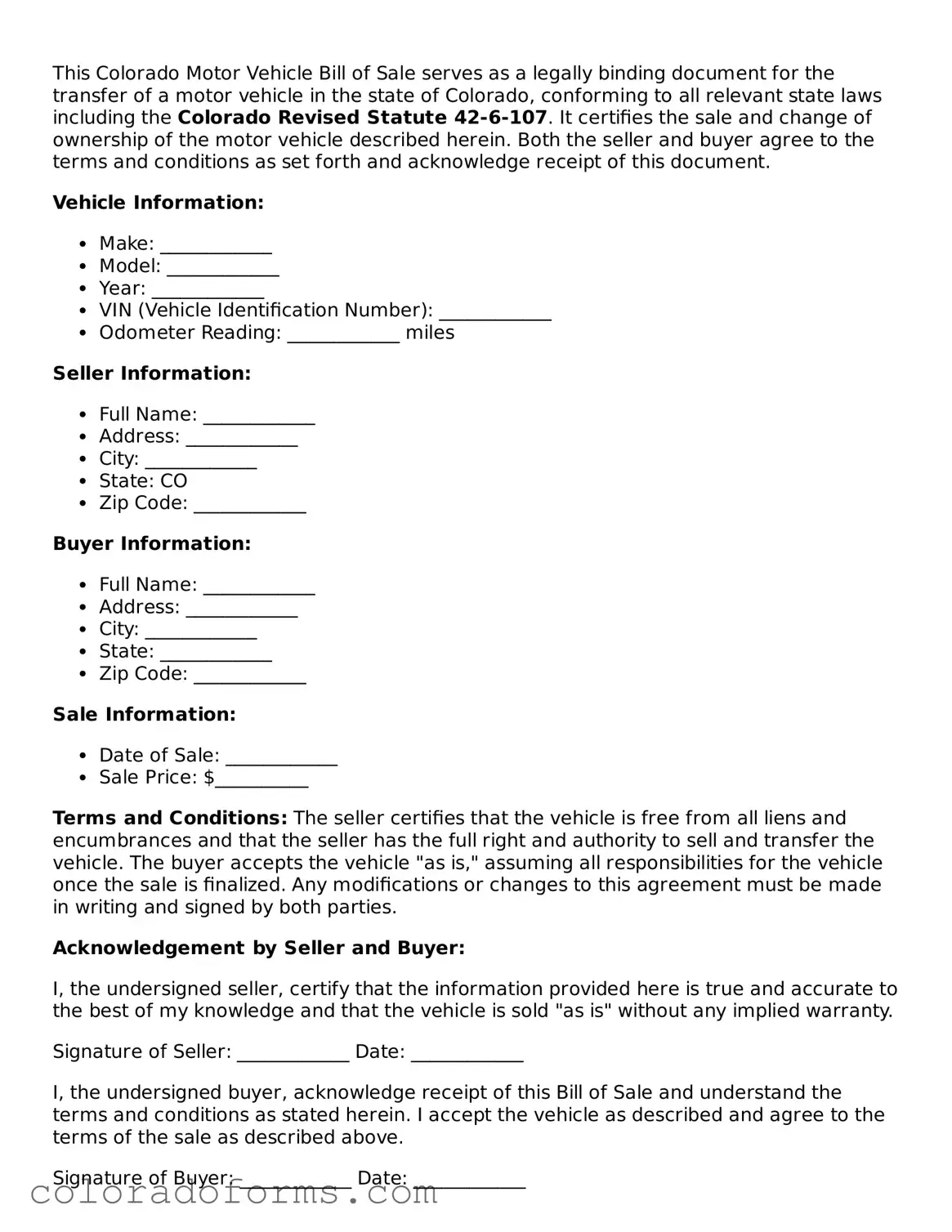 Printable Colorado Motor Vehicle Bill of Sale Form