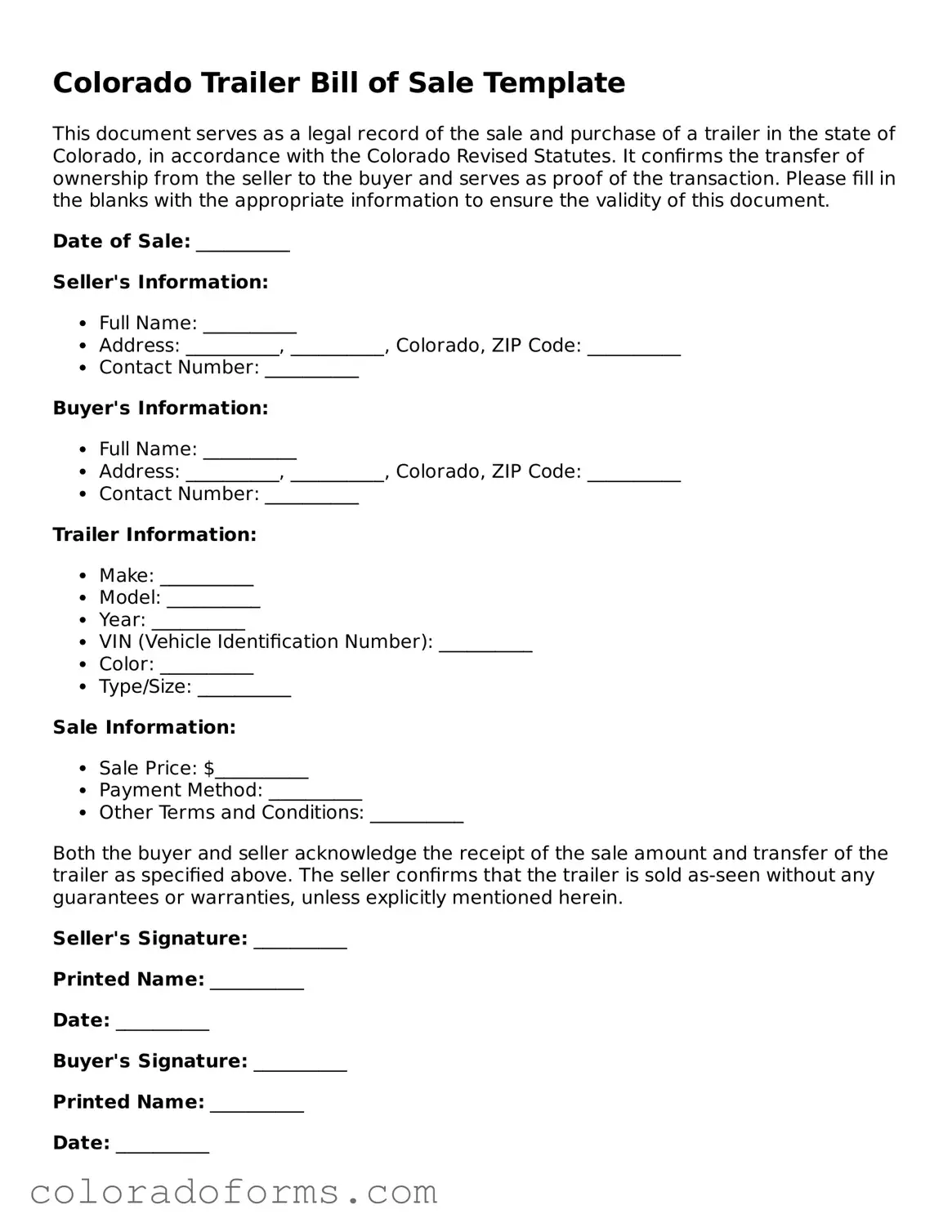 Printable Colorado Trailer Bill of Sale Form
