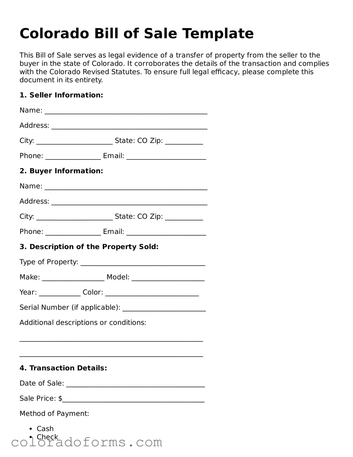Printable Colorado Bill of Sale Form