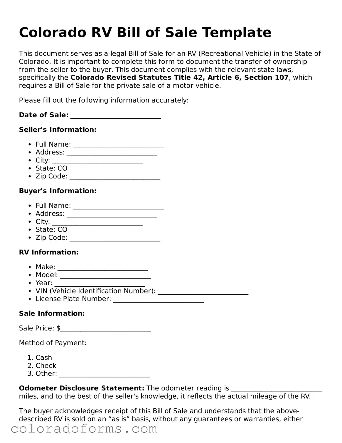 Printable Colorado RV Bill of Sale Form