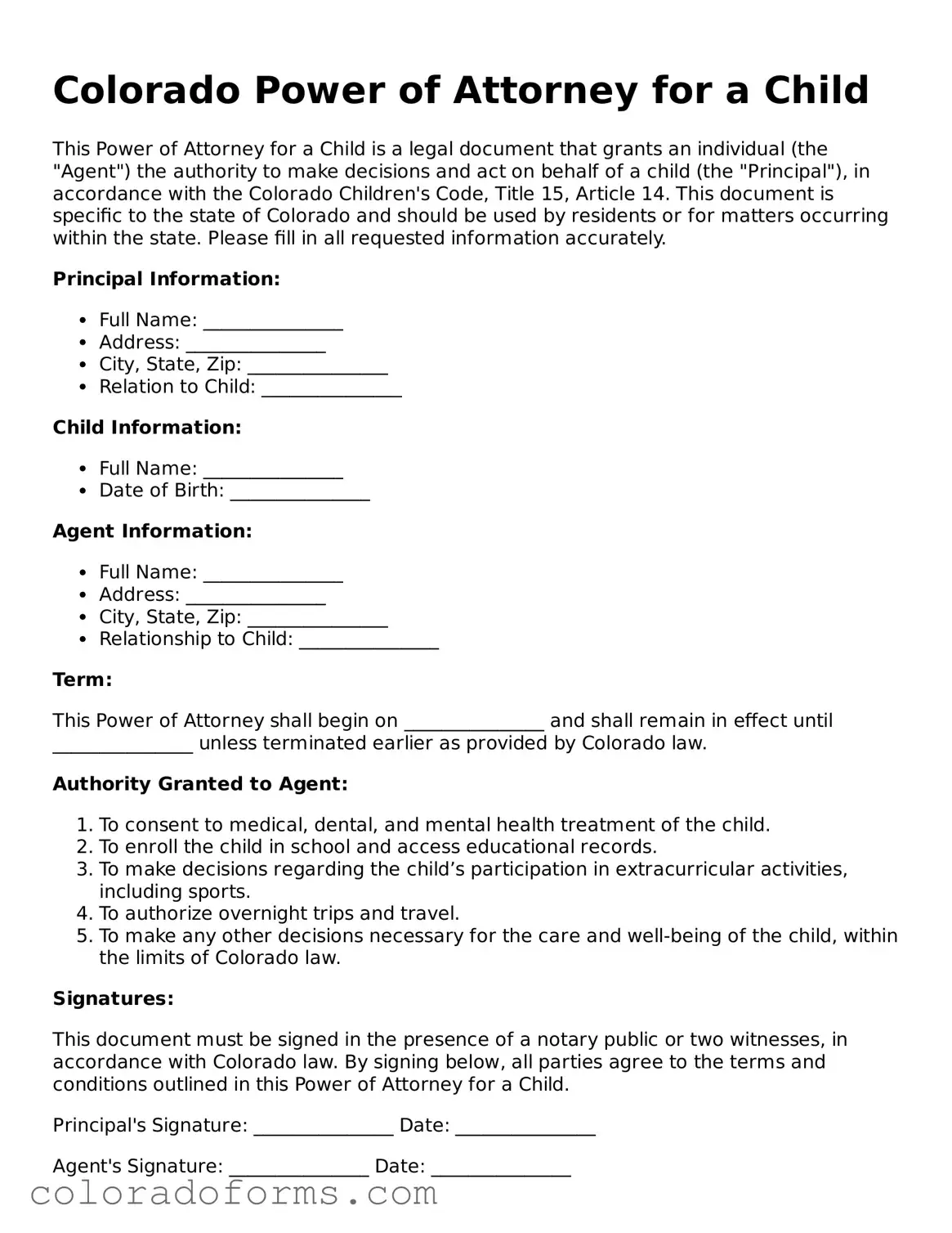 Printable Colorado Power of Attorney for a Child Form