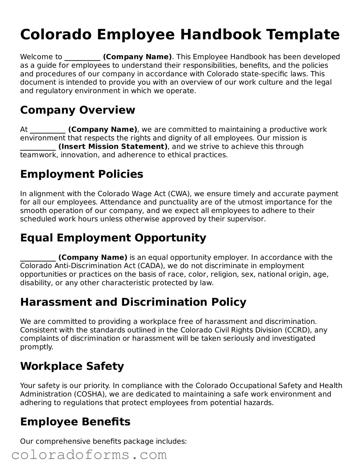 Printable Colorado Employee Handbook Form
