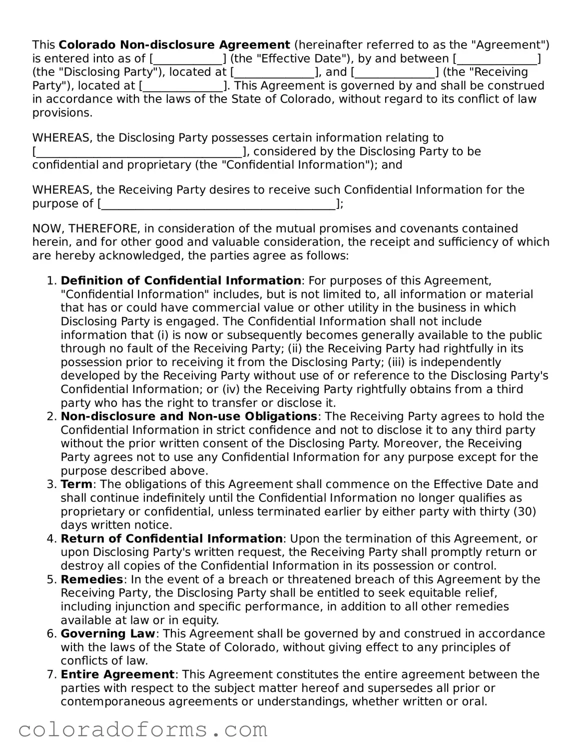 Printable Colorado Non-disclosure Agreement Form
