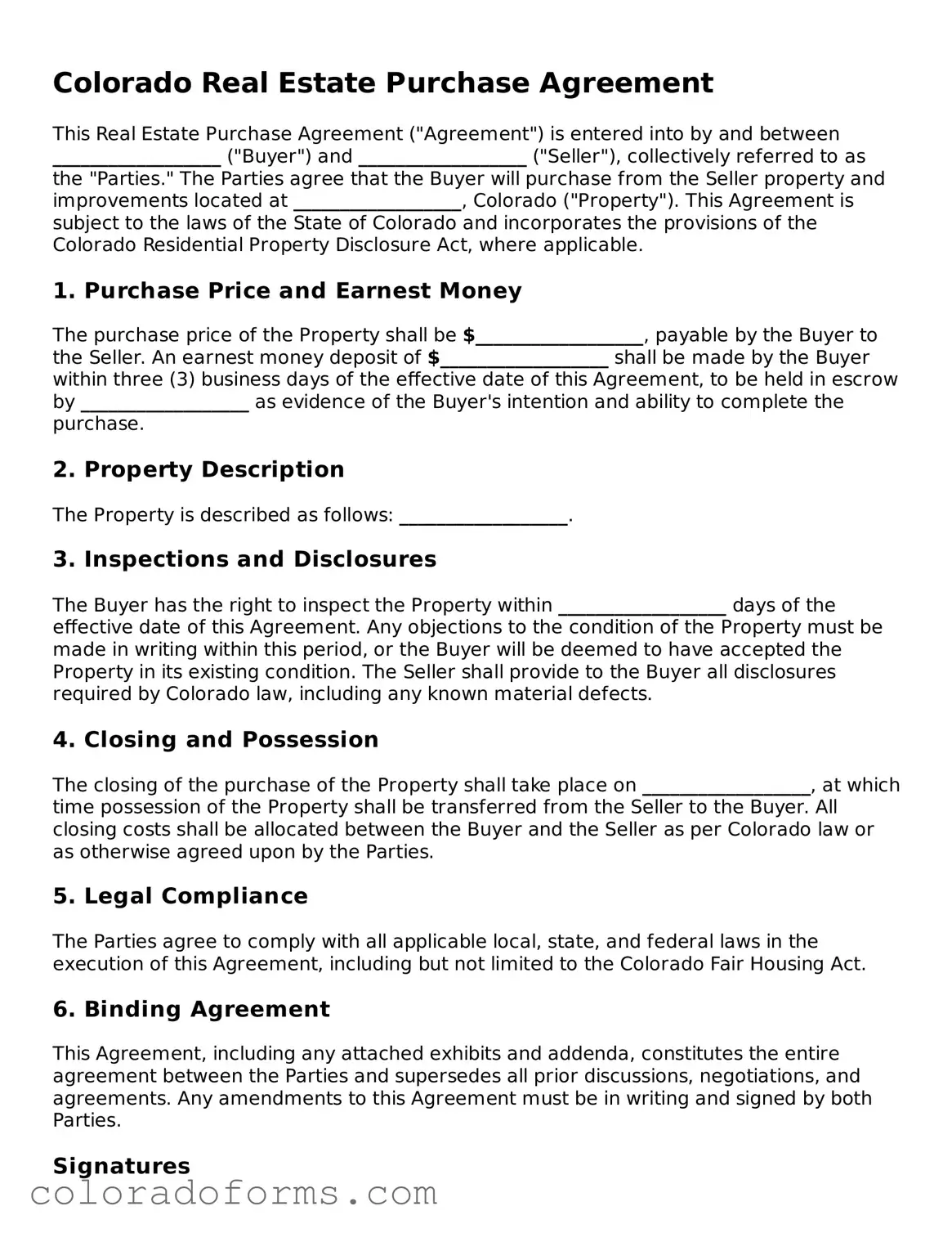 Printable Colorado Real Estate Purchase Agreement Form