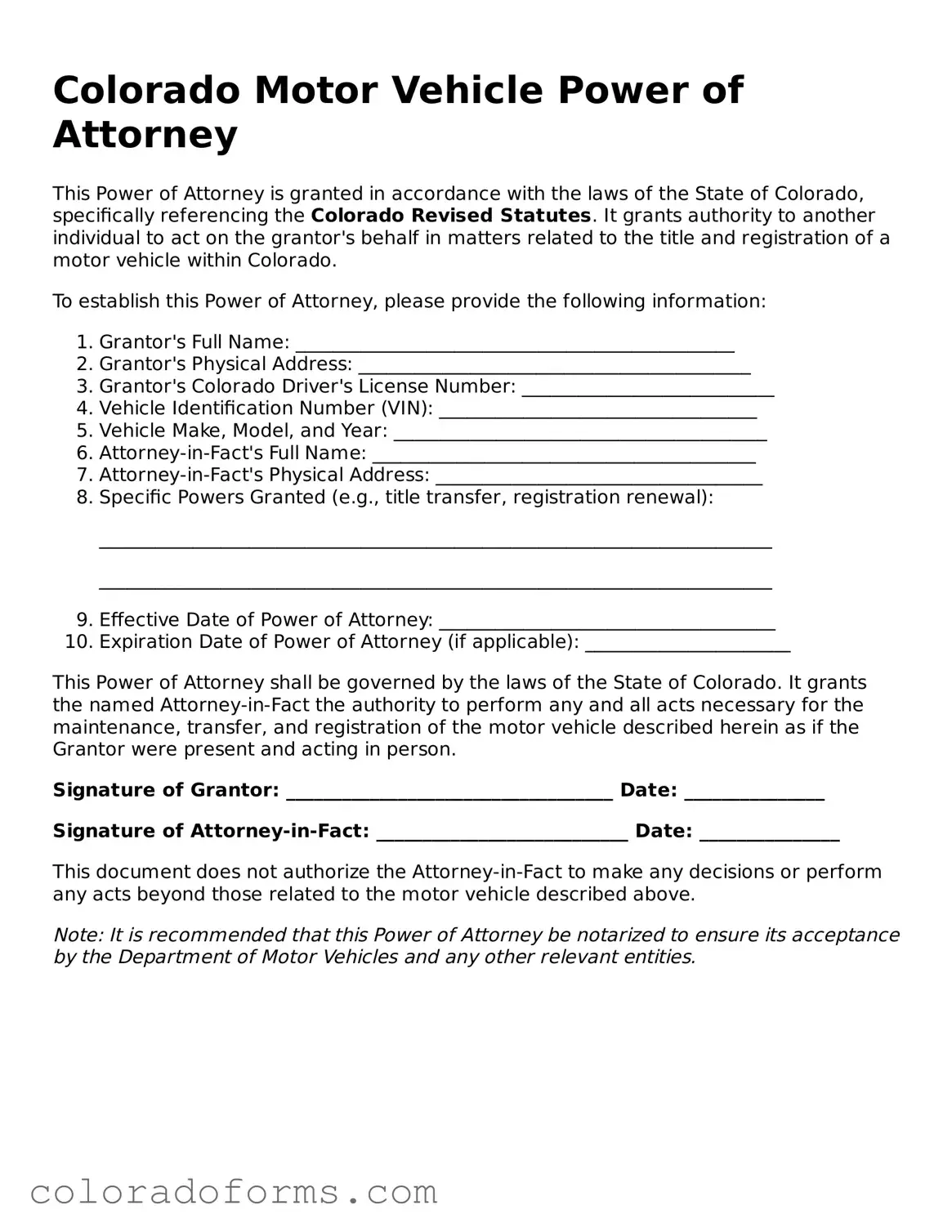 Printable Colorado Motor Vehicle Power of Attorney Form