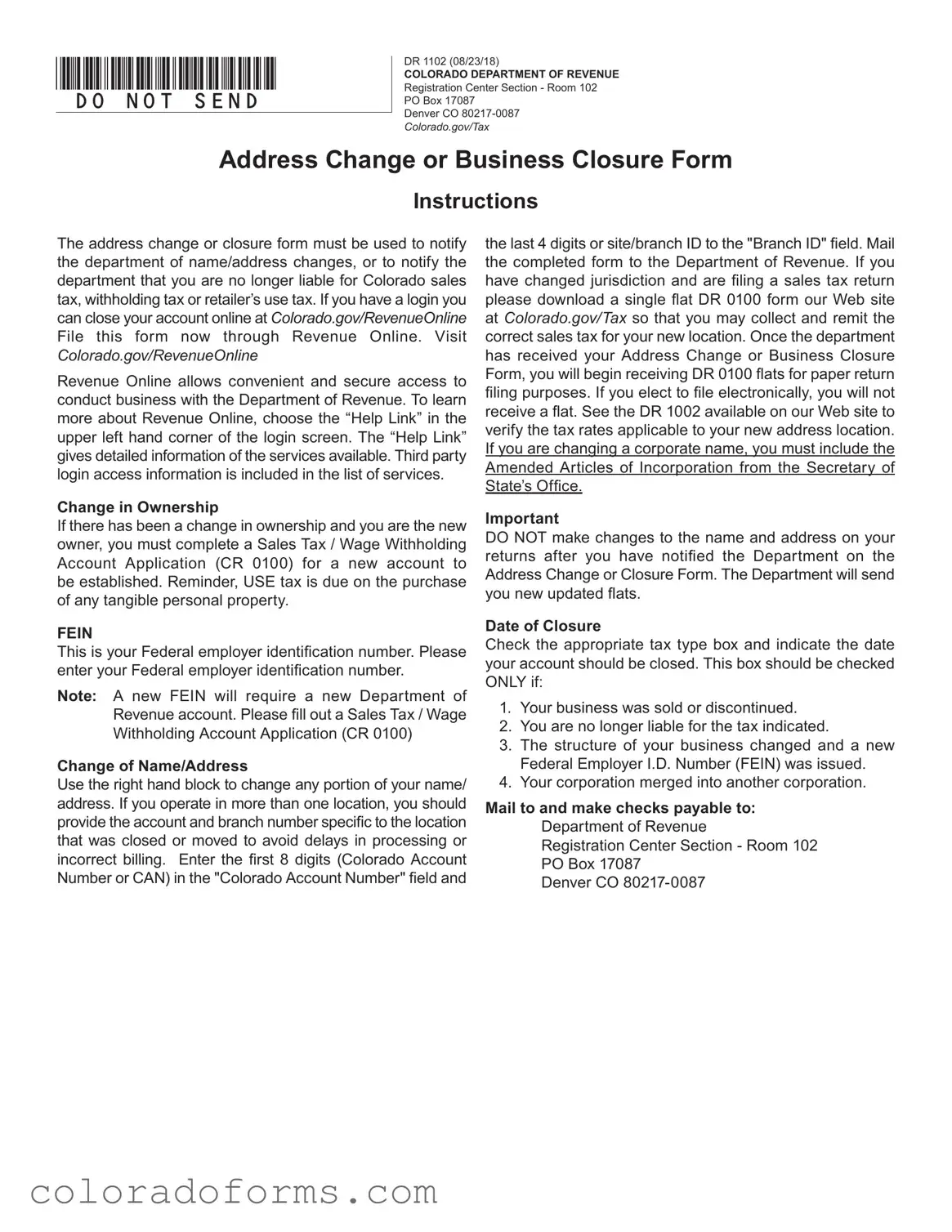 Fill a Valid Colorado Dr 1102 Form