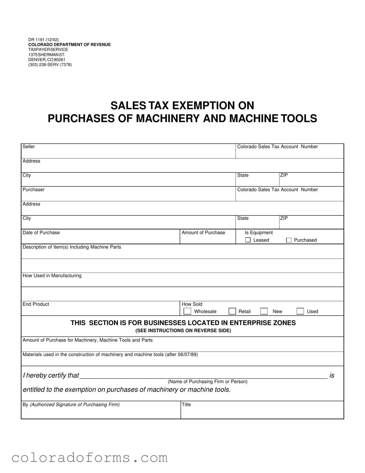 Fill a Valid Colorado Dr 1191 Form