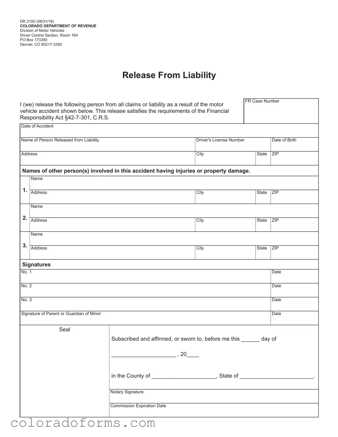 Fill a Valid Colorado Dr 2100 Form