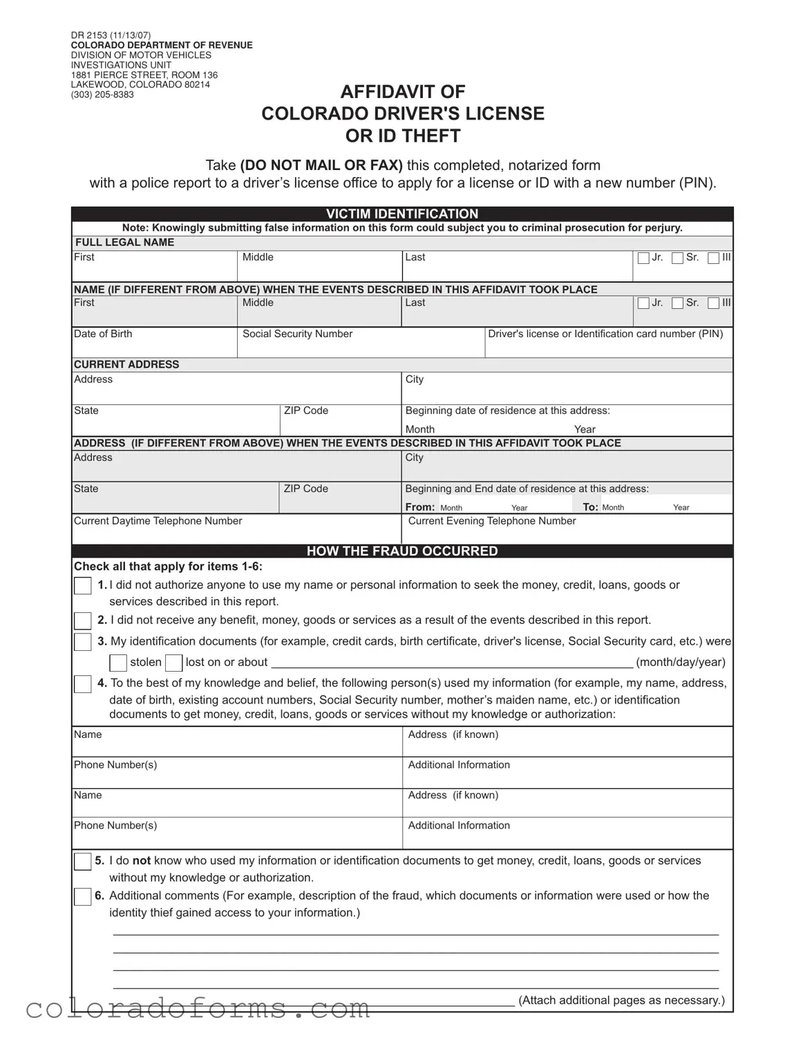 Fill a Valid Colorado Dr 2153 Form