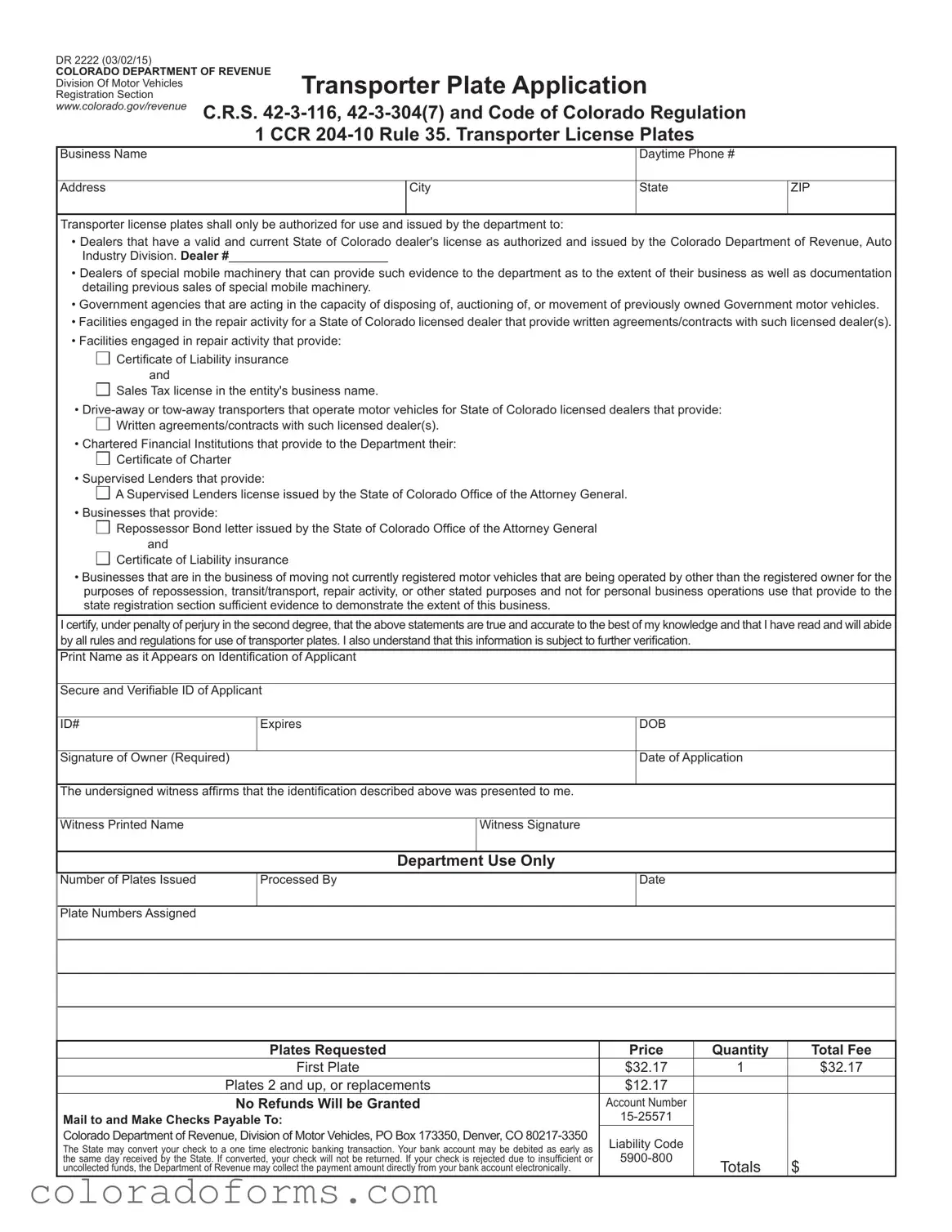 Fill a Valid Colorado Dr 2222 Form