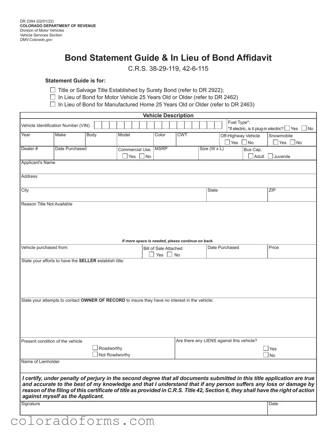 Fill a Valid Colorado Dr 2394 Form
