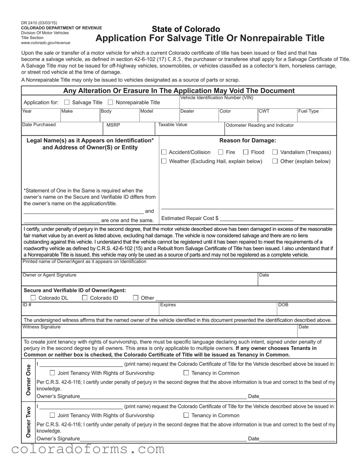 Fill a Valid Colorado Dr 2410 Form