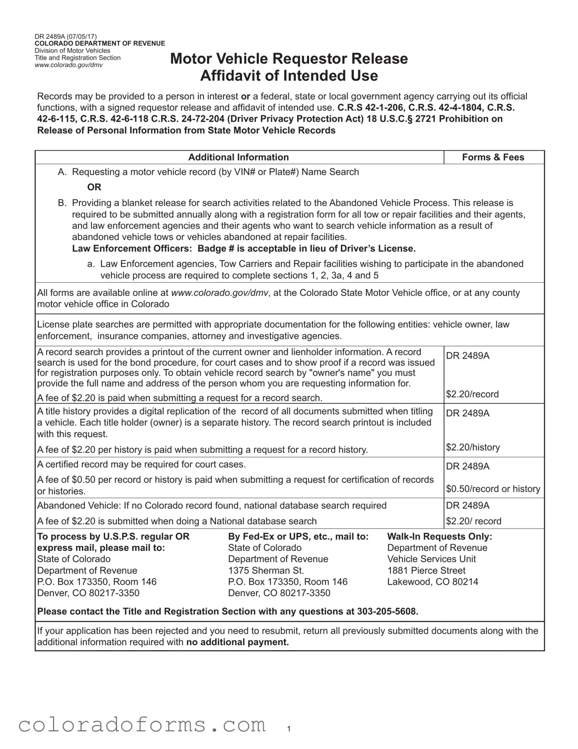 Fill a Valid Colorado Dr 2489A Form