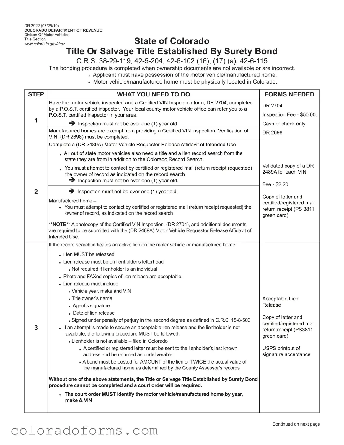 Fill a Valid Colorado Dr 2922 Form