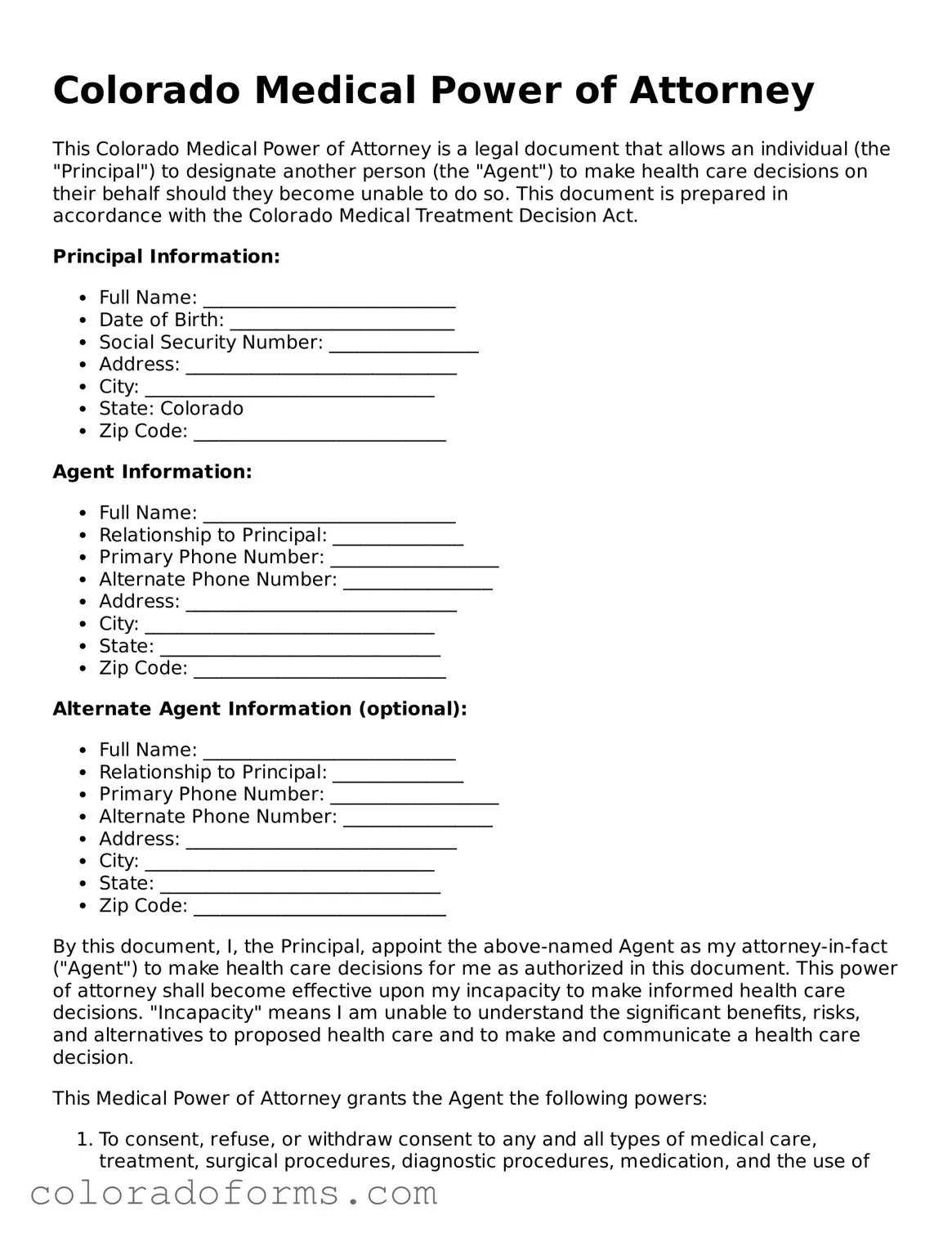Printable Colorado Medical Power of Attorney Form