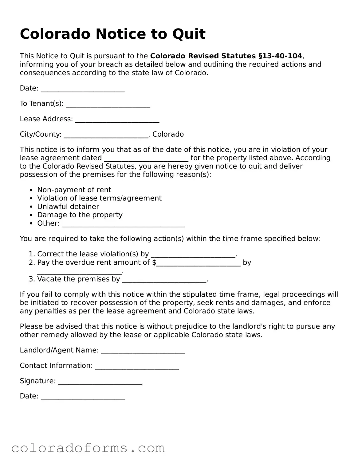 Printable Colorado Notice to Quit Form