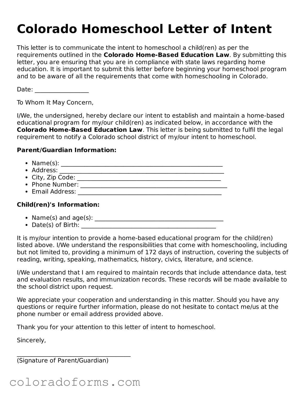 Printable Colorado Homeschool Letter of Intent Form