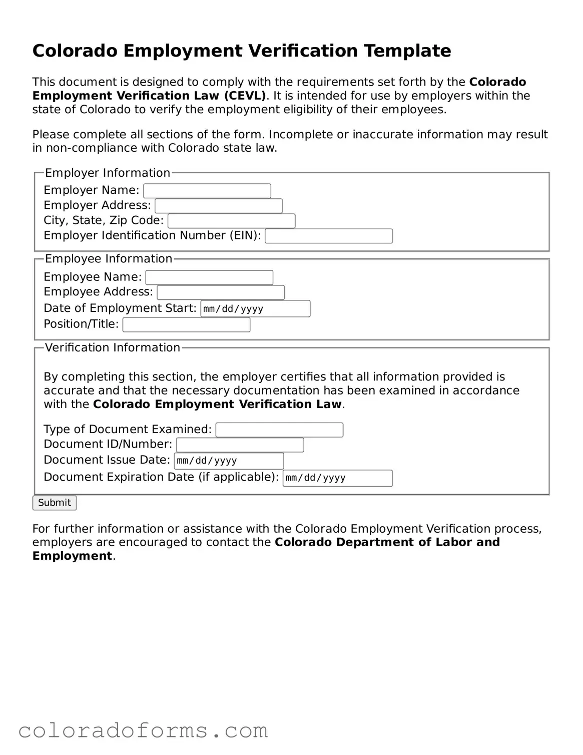 Printable Colorado Employment Verification Form