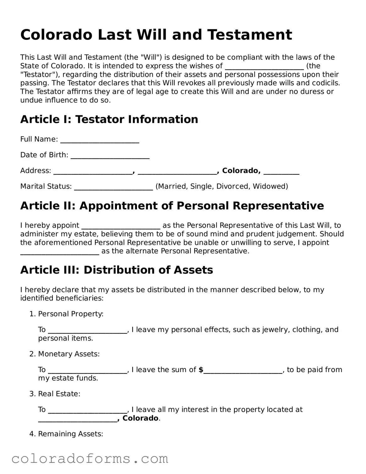 Printable Colorado Last Will and Testament Form
