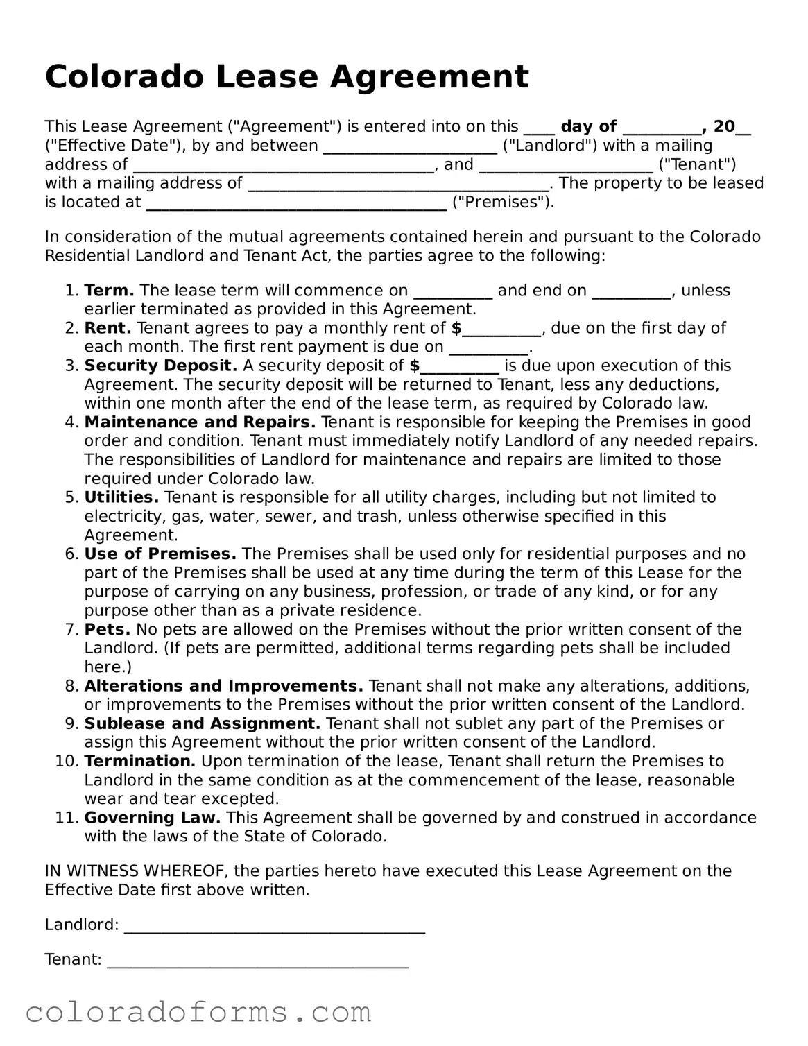 Printable Colorado Lease Agreement Form