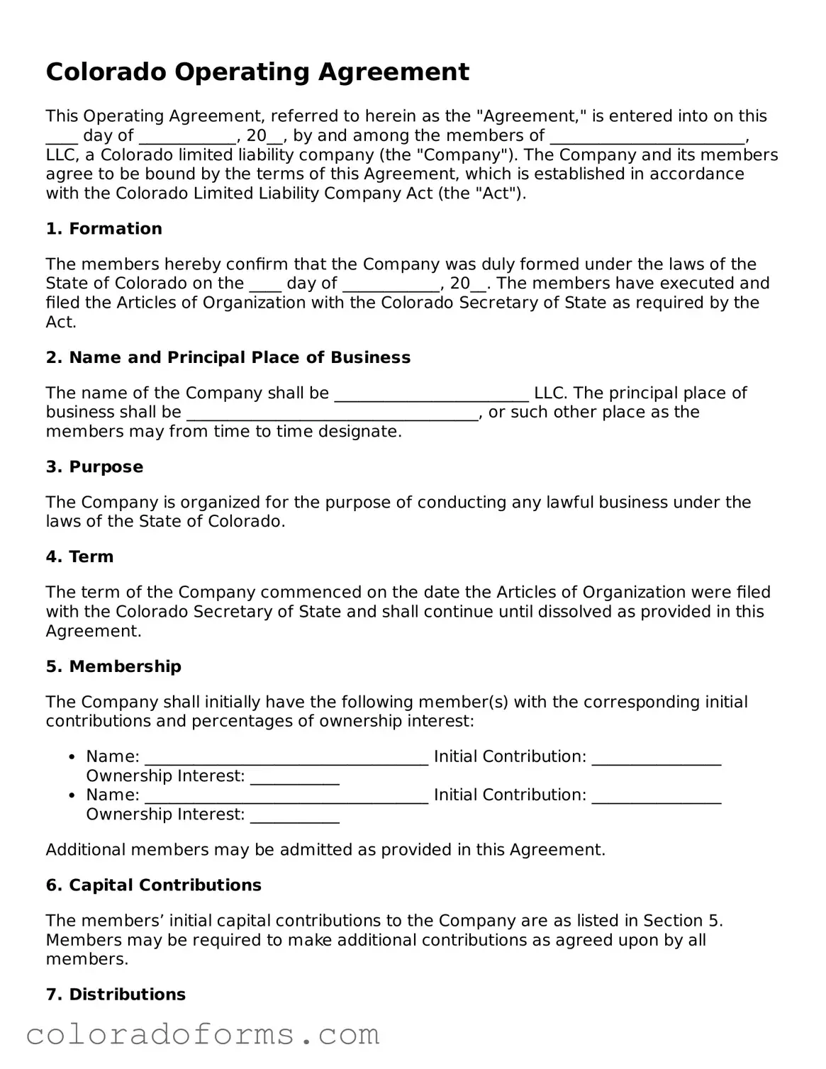 Printable Colorado Operating Agreement Form