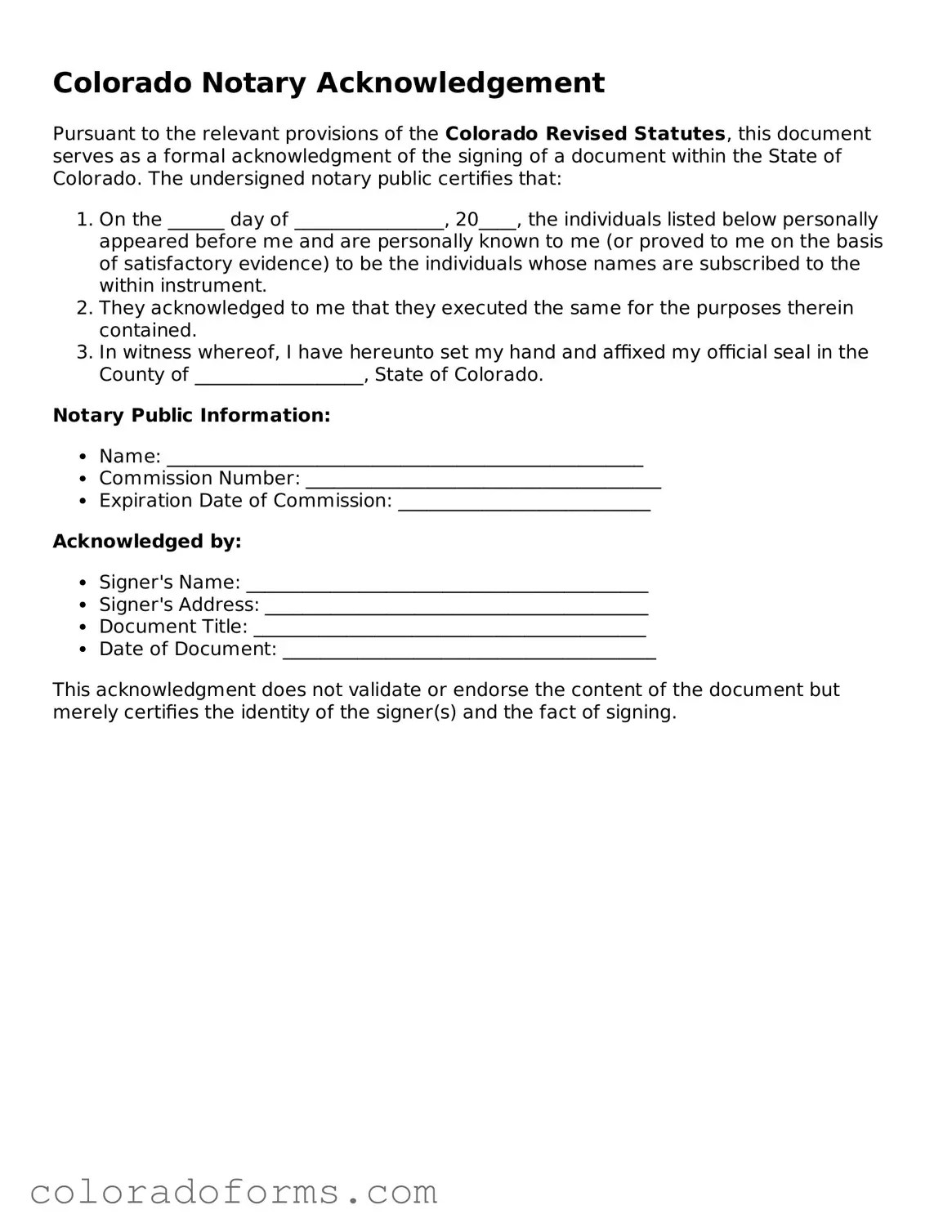 Printable Colorado Notary Acknowledgement Form