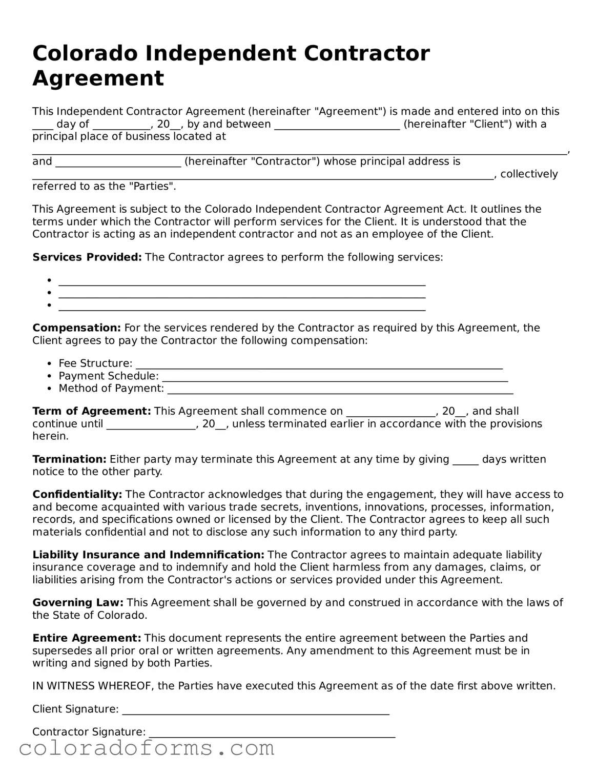 Printable Colorado Independent Contractor Agreement Form