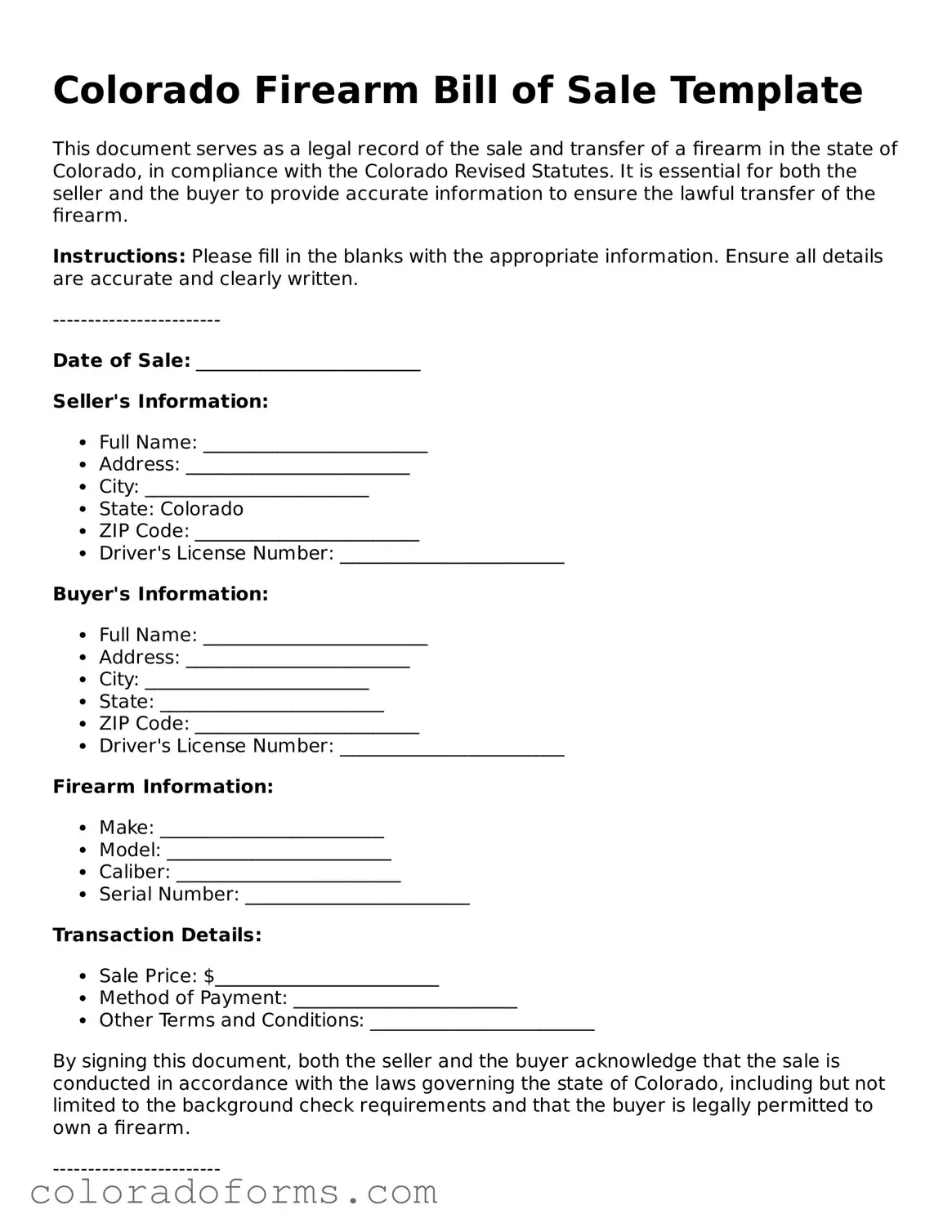 Printable Colorado Firearm Bill of Sale Form