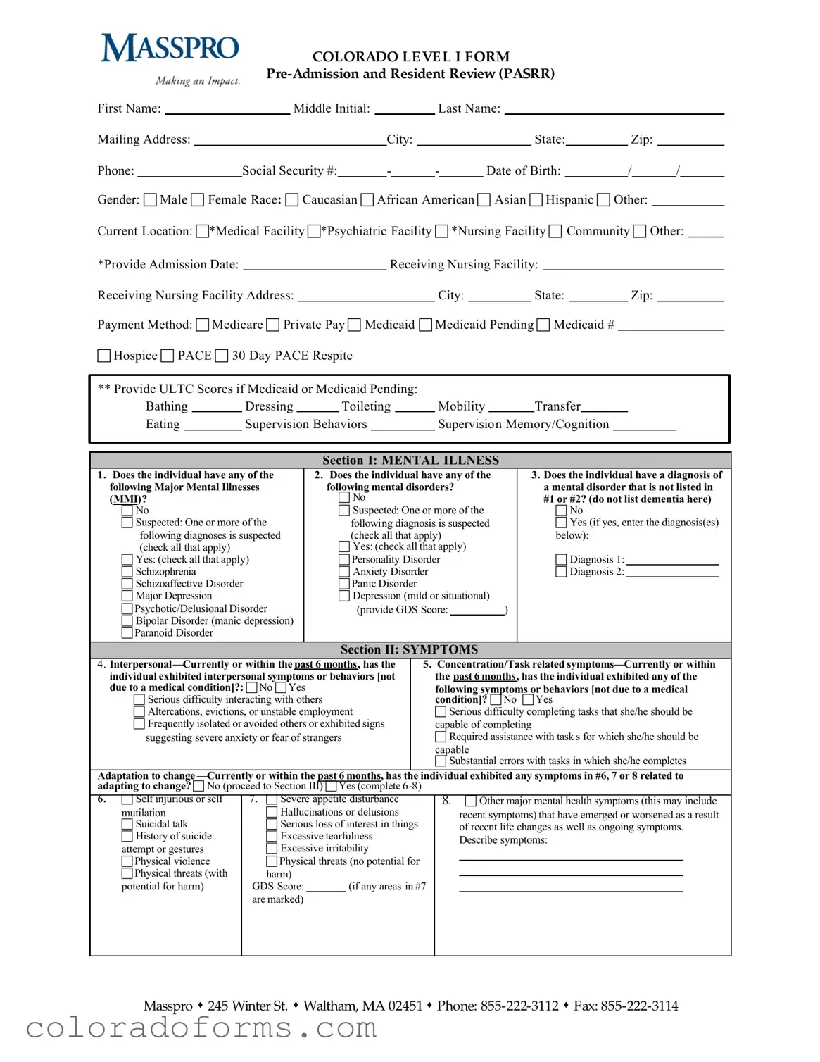 Fill a Valid Colorado Post Admission Level 1 Passr Form