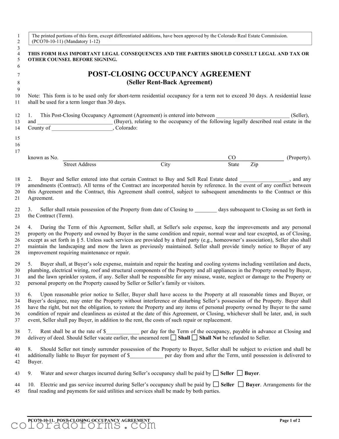 Fill a Valid Colorado Post Closing Occupancy Agreement Form