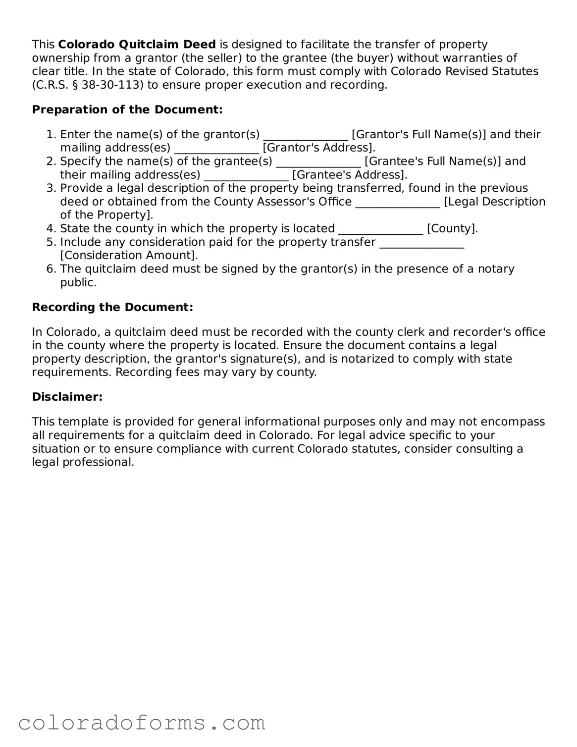 Printable Colorado Quitclaim Deed Form