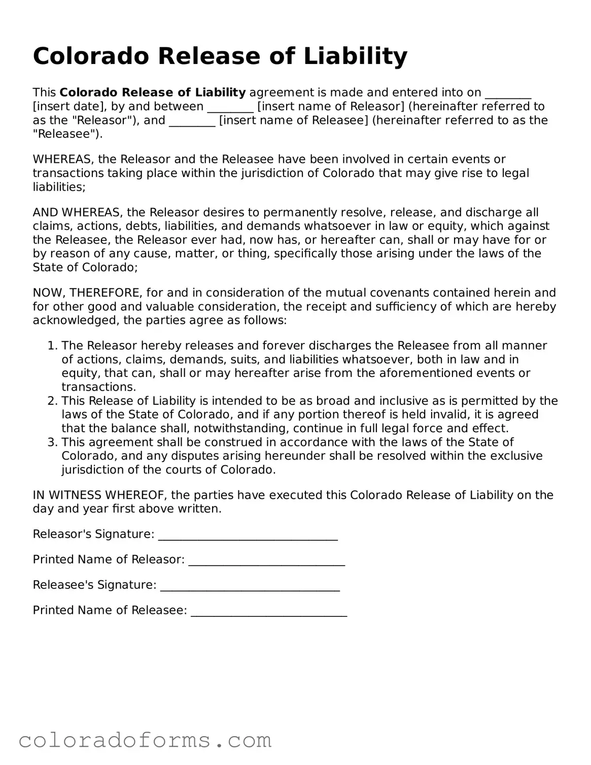 Printable Colorado Release of Liability Form