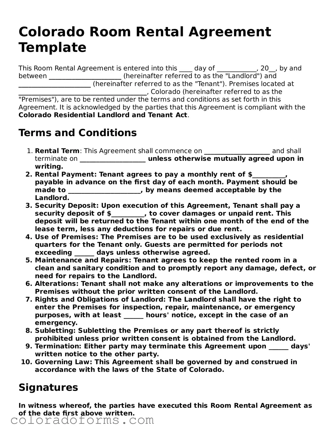 Printable Colorado Room Rental Agreement Form