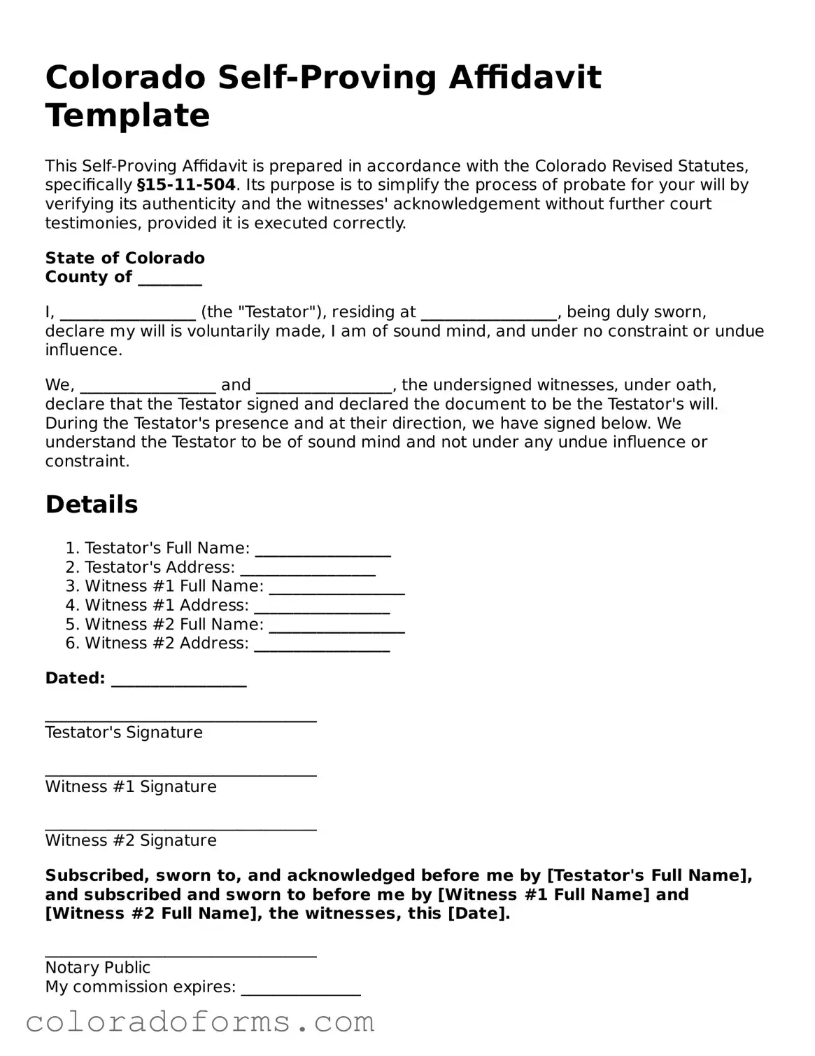Printable Colorado Self-Proving Affidavit Form