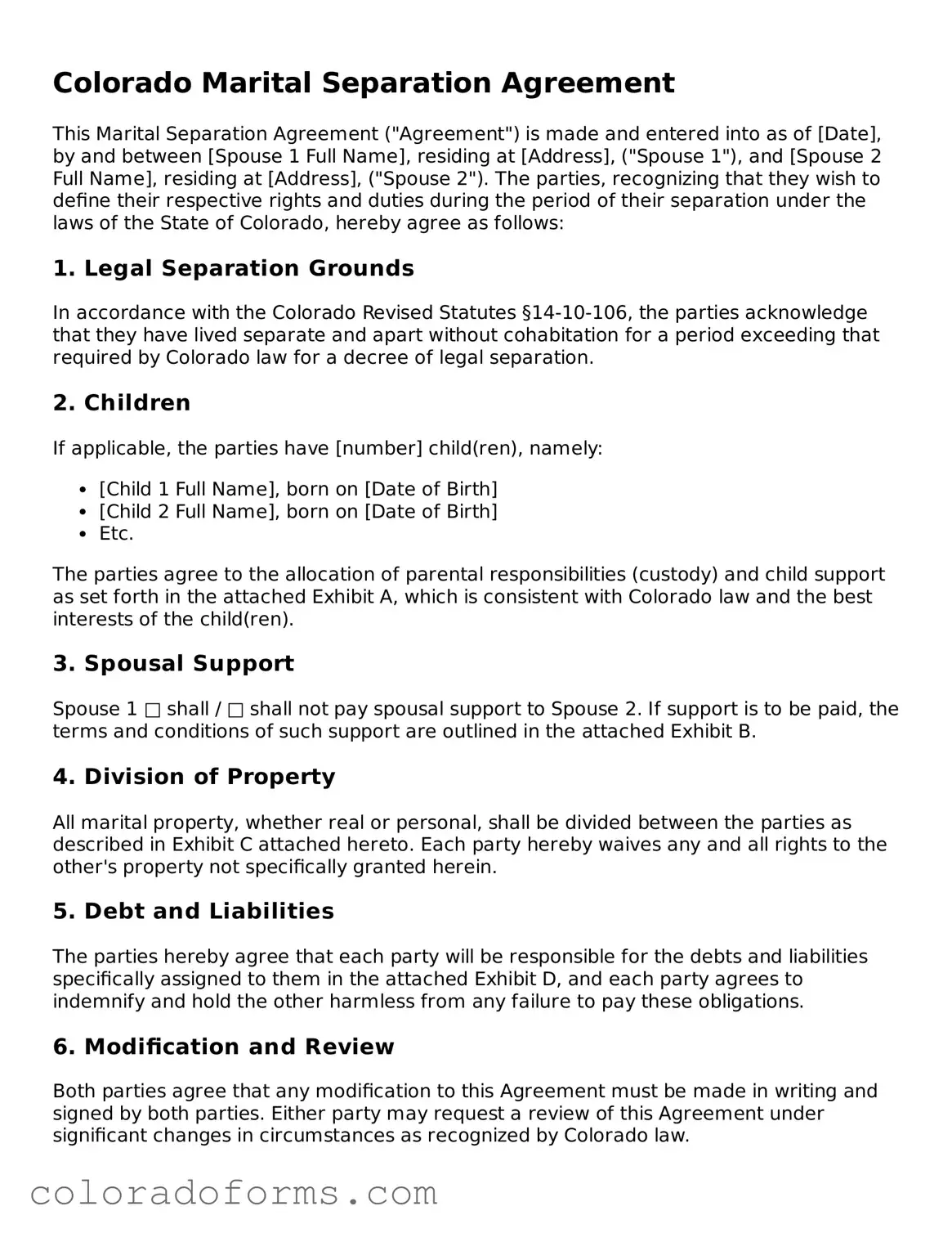 Printable Colorado Marital Separation Agreement Form