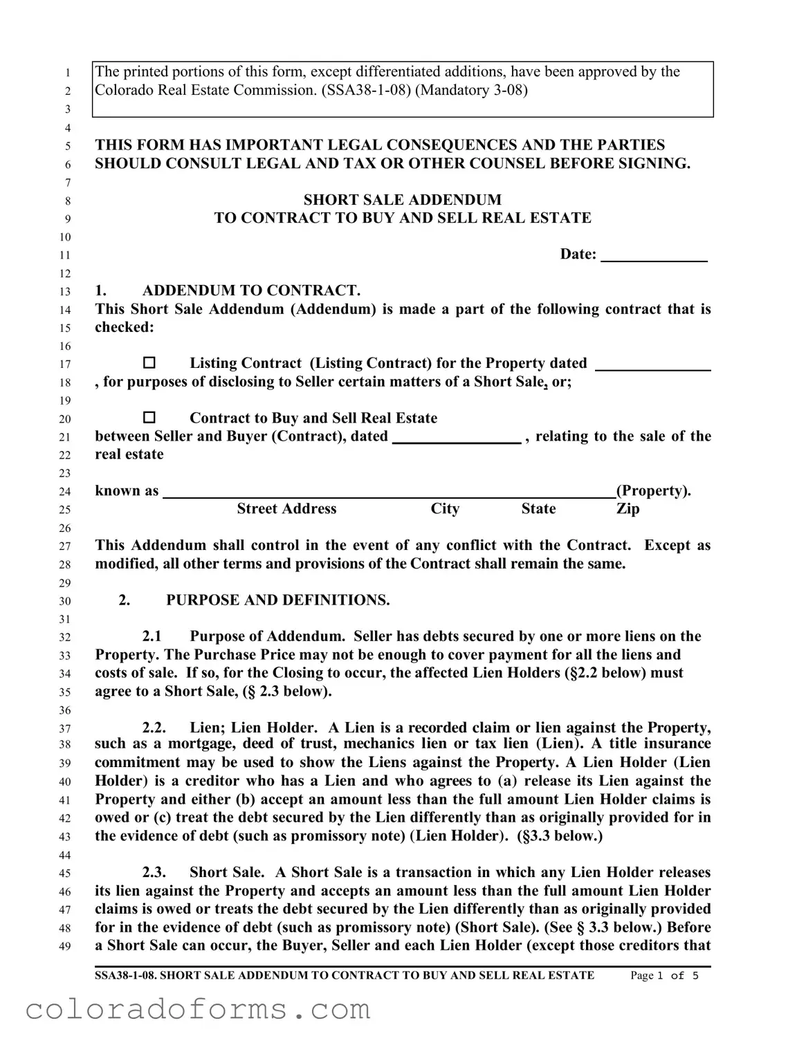 Fill a Valid Colorado Short Sale Addendum Form