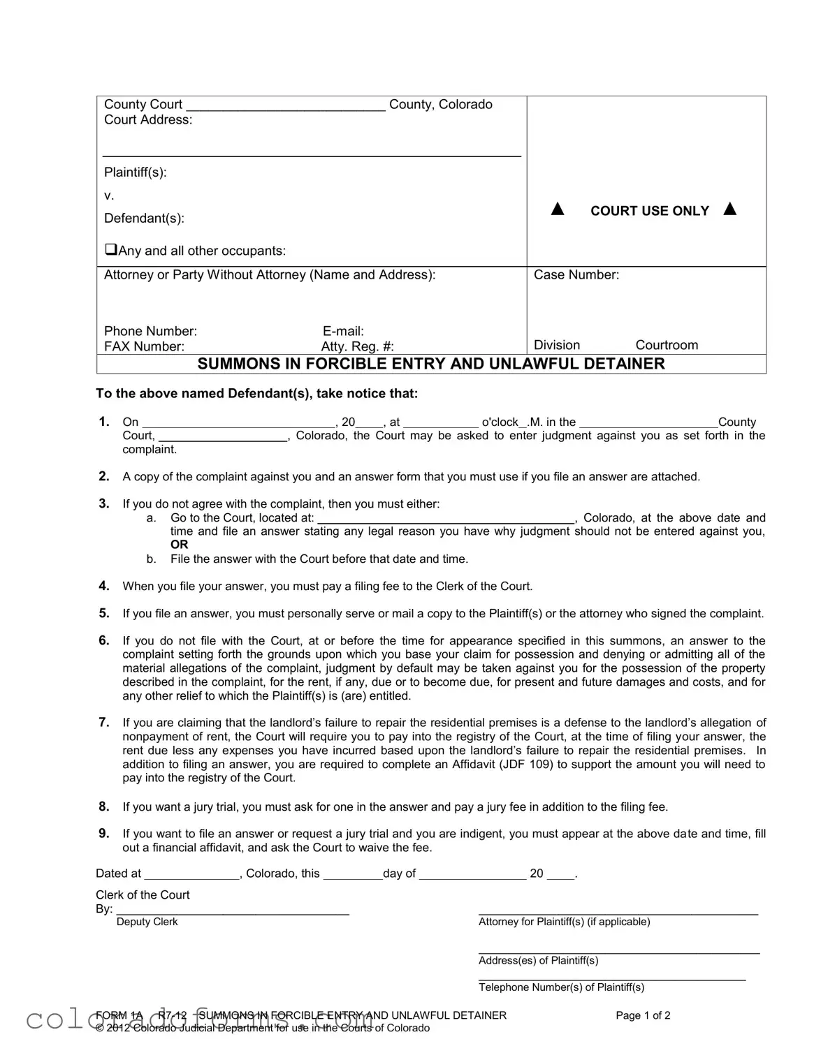 Fill a Valid Colorado Summons Form
