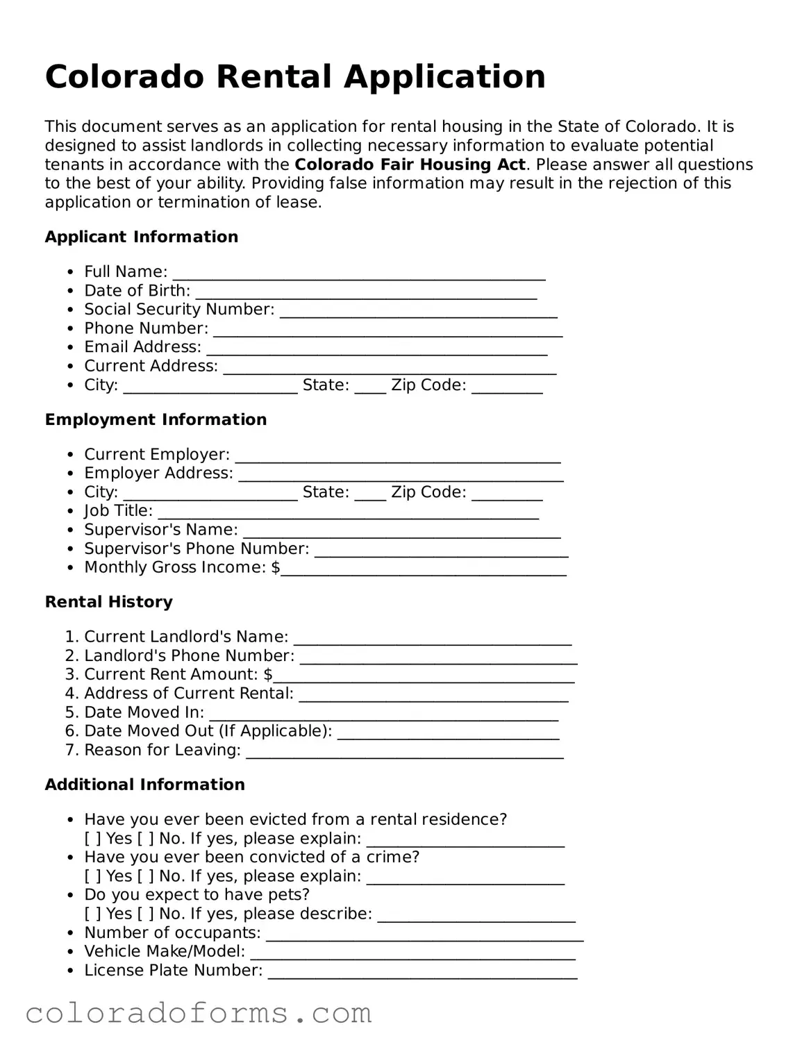 Printable Colorado Rental Application Form