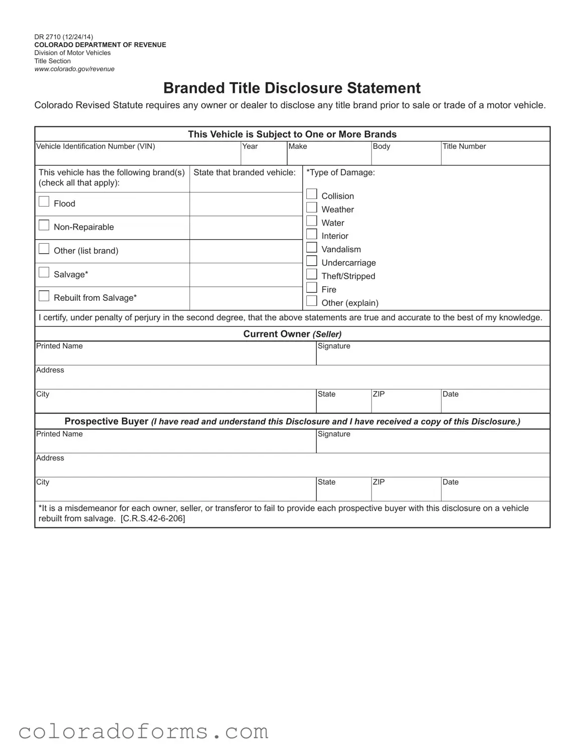 Fill a Valid Dr 2710 Colorado Form