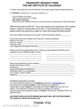 Fill a Valid Art Institute Colorado Transcript Request Form