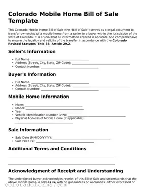 Printable Colorado Mobile Home Bill of Sale Form
