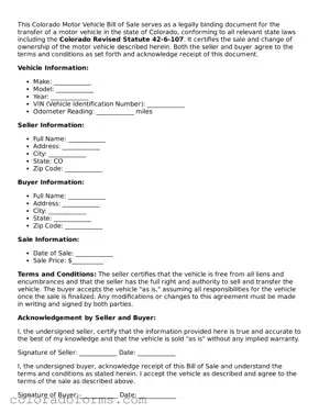 Printable Colorado Motor Vehicle Bill of Sale Form